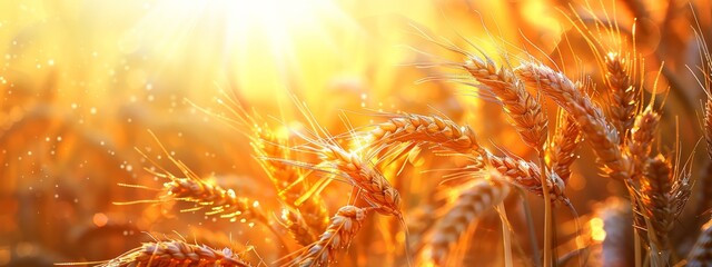 Wall Mural -  A tight shot of a wheat field, sun casting golden rays through its ear stalks