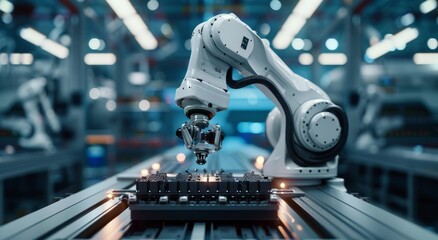 Poster - Automated robotic arm in modern industrial facility working on precision assembly