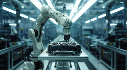 Poster - Industrial robotic arm assembling electronics in a high-tech production facility