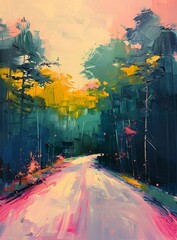 Wall Mural - Vibrant abstract painting of a forest road, a unique addition to modern decor