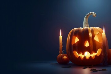 Wall Mural - Halloween pumpkin head jack lantern with burning candles. HD, realistic, copy space, Generative ai
