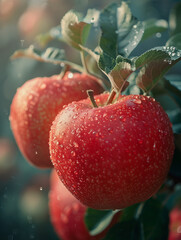 Wall Mural - Closeup of red apple on tree with water drops