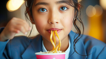 Wall Mural - Close-up of teenagers eating noodles