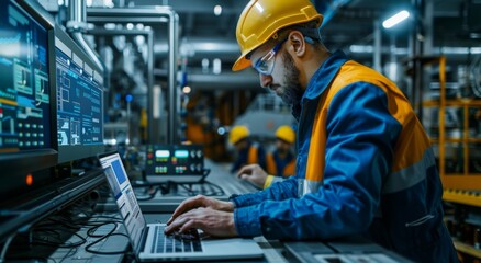 Poster - Industrial worker using laptop for data analysis in high-tech factory setting