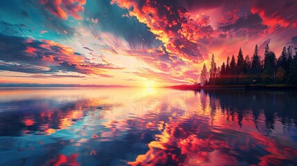 An image of a vibrant sunset over a serene lake, with colorful reflections shimmering on the water.