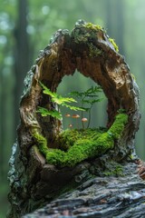 Wall Mural - Within a decaying tree's hollow trunk, a miniature ecosystem teems with life. Mosses, fungi, and tiny insects decompose the wood, recycle nutrients, and support a wide variety of organisms.