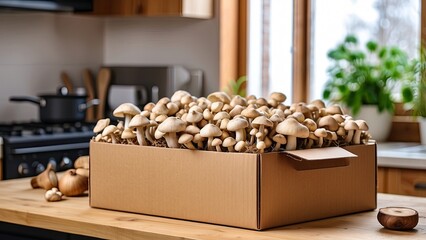 Wall Mural - Fresh mushrooms packed in a cardboard box on a kitchen counter, ready for cooking or sale. mushroom growing kit