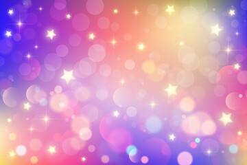 Poster - Rainbow unicorn background. Pastel pink sky with glitter and stars. Colored magic galaxy. Cute vector purple space with fairy sparkles and bokeh. Gradient space illustration.