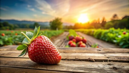 Wall Mural - Ripe fresh strawberry arranged on rustic wooden table against blurred organic farm landscape backdrop, surrounded by natural earthy tones, evoking warmth and serenity.