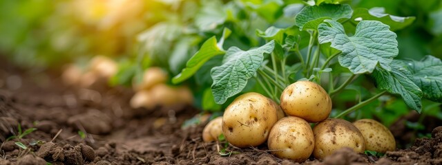 Wall Mural -  A mound of potatoes atop soil, beside a green, leafy plant, mid-ground