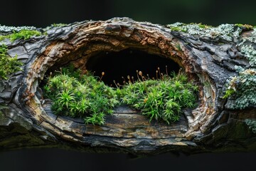 Wall Mural - A miniature ecosystem thrives inside a decaying tree's hollow trunk. Mosses, fungi, and tiny insects contribute to the wood's decomposition, recycling nutrients and supporting a diverse array of life.