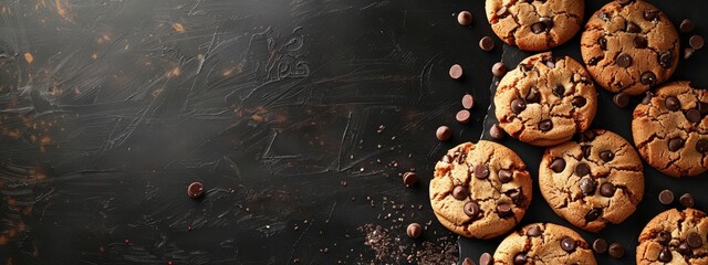  A stack of chocolate chip cookies next to a mound of chocolate chips on a black countertop, adorned with sprinkles