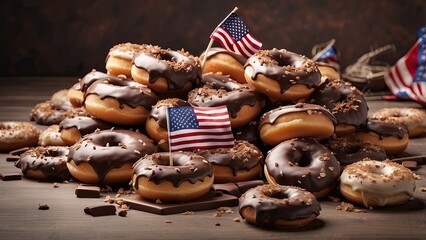 Wall Mural - National Donut day A pile of donuts with chocolate flying USA flag