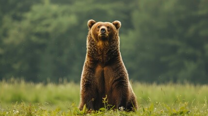 European brown bear standing upright in green summer meadow