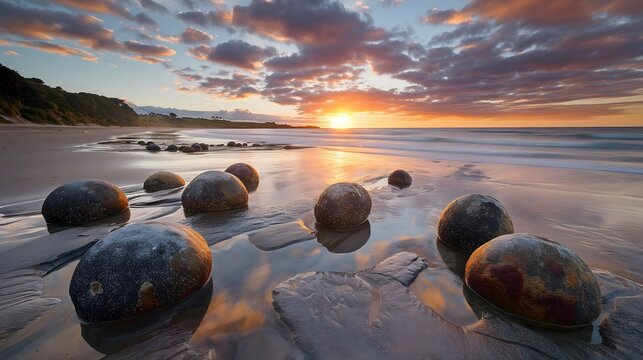 4. Experience the mystical allure of Moeraki Boulders, New Zealand, where ancient spheres of stone scatter Koekohe Beach, inviting contemplation of their origin and enduring beauty.