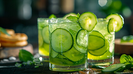 Wall Mural - Two refreshing glasses of cucumber and mint drink, perfect for a hot summer day.