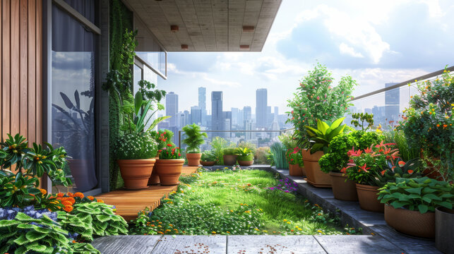 Beautiful urban balcony garden filled with various potted plants, overlooking a modern cityscape in the background.