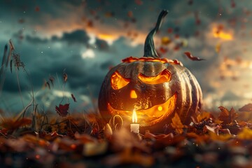 Wall Mural - Halloween pumpkin head jack lantern with dried-up leaves. Halloween holidays art design. Carved Halloween pumpkin with burning candle on a background of cloudy sky. Generative ai