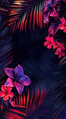 Wall Mural - Tropical palm leaves and large flowers in neon light. Exotic fashionable background. A place for the text.