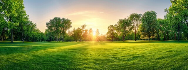 Wall Mural -  The sun brightly shines through trees, revealing a grassy area with emerald grass and trees lining both sides of the path