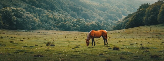  A horse grazes in a field with a mountain in the background of the valley