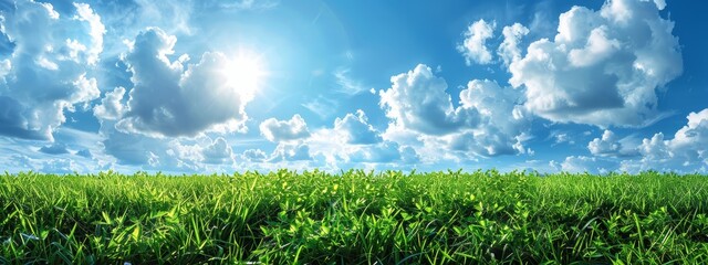 Wall Mural -  A expanses of green grass beneath a blue sky Sun gleams brightly as centerpiece, clouds scatter background