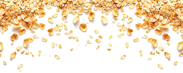 Close-up of a pile of oat flakes mixed with crunchy cereal crisps, isolated on a white background