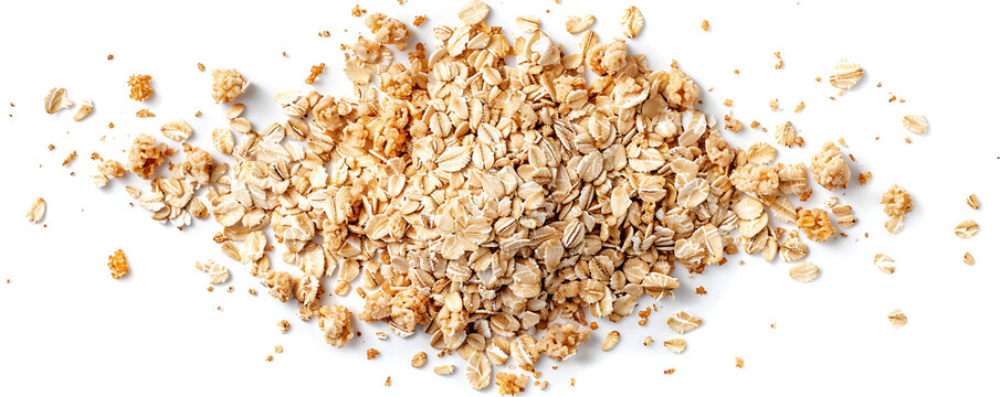 Close-up of a pile of oat flakes mixed with crunchy cereal crisps, isolated on a white background