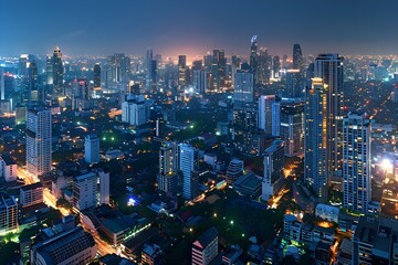 Wall Mural - Night view of the city filled with colorful lights of bridges and large buildings illuminated by colorful lights