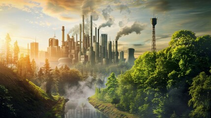 Wall Mural - Ecology vs industry background illustration generated by ai