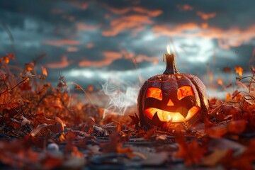 Wall Mural - Halloween pumpkin head jack lantern with dried-up leaves. Halloween holidays art design. Carved Halloween pumpkin with burning candle on a background of cloudy sky. Generative ai