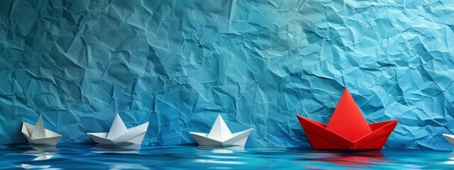 Wall Mural -  A red origami boat floats next to a group of paper boats on the water's surface