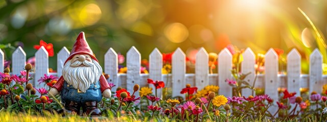 Wall Mural -  A white picket fence encircles this flower garden, its purity contrasting the quirky presence of a garden gnome Dressed in red hat and blue overalls,