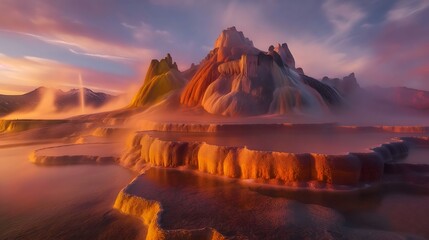 Wall Mural - 5. Marvel at the ethereal beauty of Fly Geyser, USA, where the juxtaposition of vibrant mineral deposits and steaming geothermal waters creates a stunning and ever-evolving landscape.