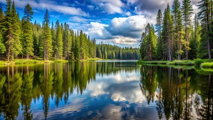 Wall Mural - A serene lake surrounded by tall pine trees in a remote wilderness setting, nature, tranquil, landscape, scenic