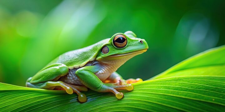 Green frog resting on a vibrant green leaf in a natural habitat , Frog, wildlife, nature, green, leaf, pond