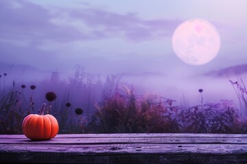 Wall Mural - Halloween Table - Old Wooden Plank With Orange Pumpkin In Purple Landscape With Moonlight, HD, realistic, copy space, Generative ai