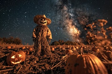 a scarecrow standing in the middle of a pumpkin patch under a night sky filled with stars, with a fe