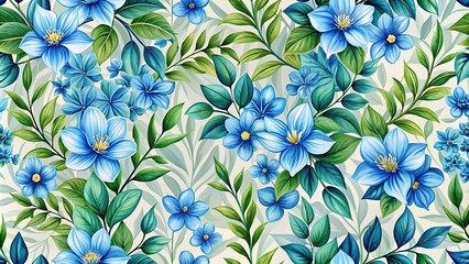 Wall Mural - Seamless pattern of leaves and blue flowers on a floral background , nature, seamless, pattern, leaves, blue, flowers