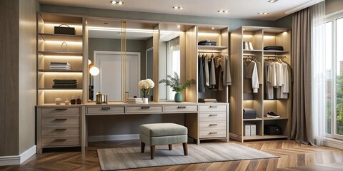 Canvas Print - Dressing room with full-length mirror, vanity table, and fashionable wardrobe, fashion, clothing, style, mirror