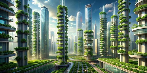 Wall Mural - Futuristic cityscape featuring innovative vertical farms, future, city, urban, landscape, technology