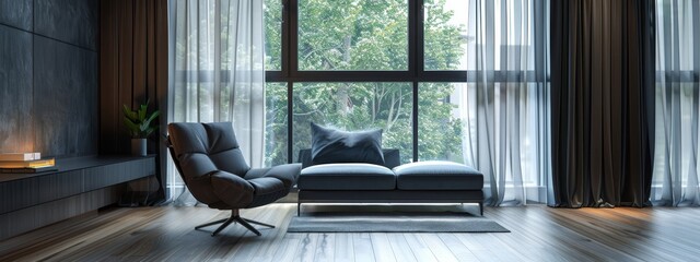  A livable space featuring a couch and chair arranged before a window, framing a scenic outlook of trees beyond