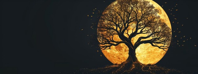 Wall Mural -  A full moon image with a solitary tree and shedding foliage beneath