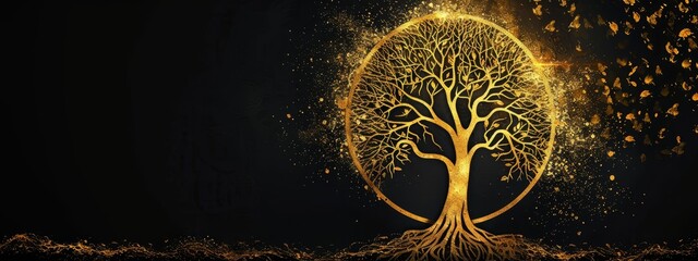 Wall Mural -  A golden tree against a black backdrop, with a gold splash atop and base