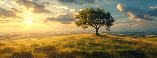 Wall Mural -  A solitary tree atop a grass-covered hill beneath overcast skies, with sun rays piercing through the clouds