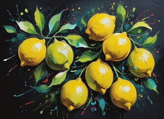 Wall Mural - A vibrant painting of a group of many lemons in a dynamic abstract style