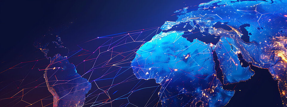 Digital world map, Africa and Asia, the concept of a global network and connectivity, high-speed data transfer and cyber technology, business exchange, information, and telecommunication