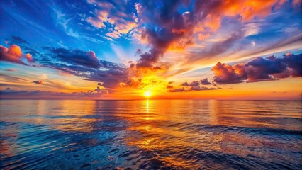 Wall Mural - Vibrant sunset over calm ocean waters , sunset, sea, water, orange, sky, horizon, serene, scenic, dusk, beach, peaceful