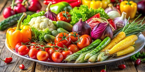 Wall Mural - Close-up shot of a plate of vibrant and delicious farm-fresh vegetables, vegan, healthy, colorful, organic, nutritious, meal