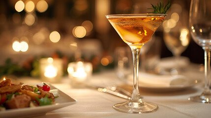 Wall Mural - A martini glass with a garnish on the table with golden background.